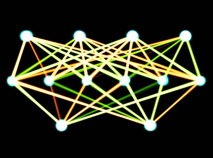An artificial neural network showing interconnections between stored data