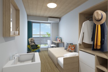 An artist's impression of a dormitory room