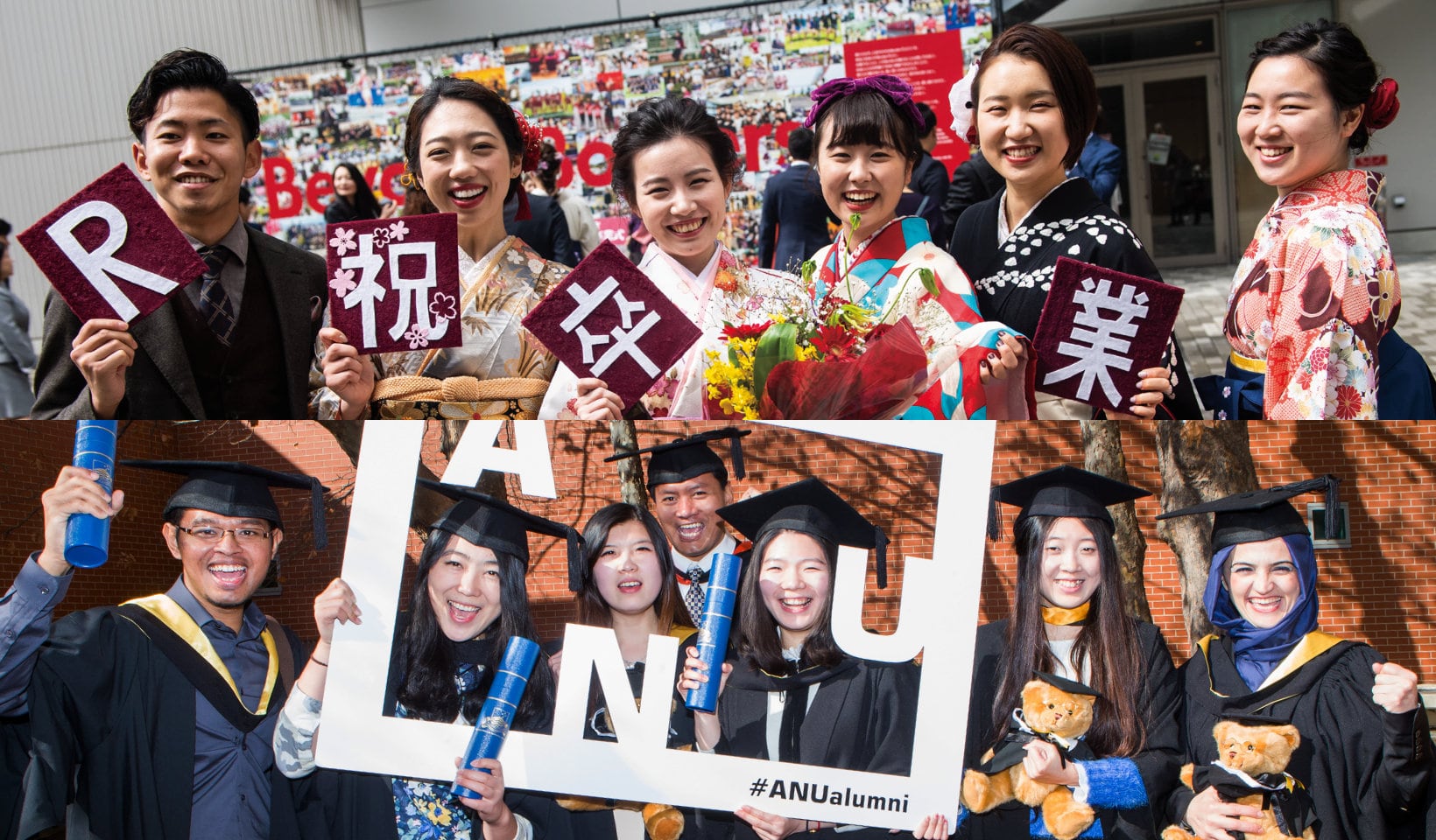 Groups of students at graduation at Ritsumeikan and ANU