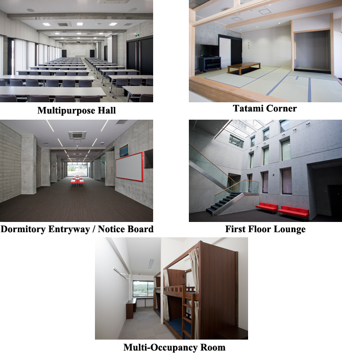 multipurpose hall, tatami corner, entryway, notice board, first floor lounge and short-term housing room