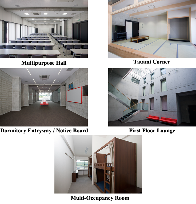 multipurpose hall, tatami corner, entryway, notice board, first floor lounge and short-term housing room