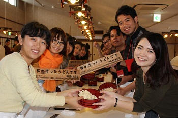 Students showing off hand-made Udon noodles