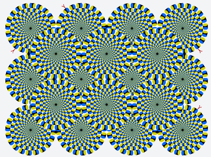 Rotating snakes optical illusion by Professor Kitaoka of Ritsumeikan University uses a phenomenon known as peripheral drift