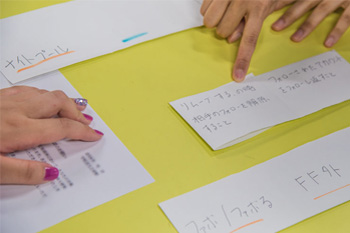 Phrases were written on one side of handmade language cards, with an explanation written on the reverse