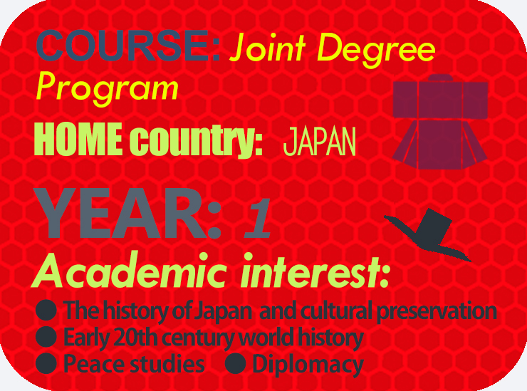 Infographic for Kuroki Go from Japan - a 1st year undergrad on the Joint Degree Program based at Kinugasa Campus in Kyoto (2 years) and American University’s campus in Washington D.C. (2 years)