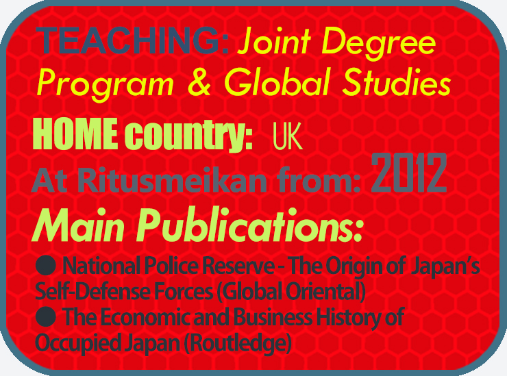 Infographic for Professor Thomas French from the UK - professor for the Joint Degree Program and Global Studies Major based at Kinugasa Campus in Kyoto