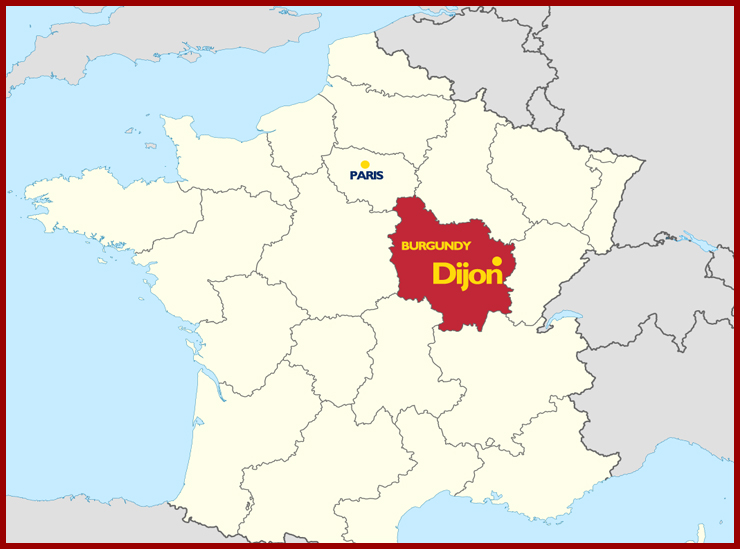 A map of France showing the location of Burgundy in relation to Paris (south east); and the location of Dijon - Le Cordon Bleu Chef Gilles Company's home city - within the Brugundy region