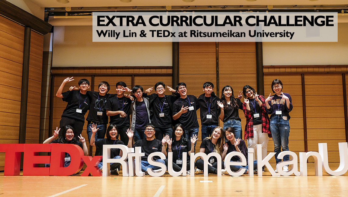 TEDx Ritsumeikan University - the 3D letters spelt across the stage with the organizing team and speakers gathered around