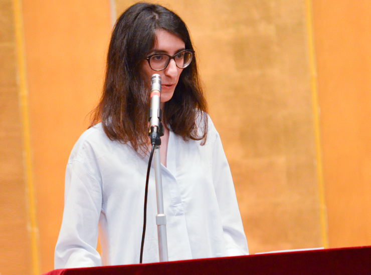 A close up of Maria Nanna during her speech