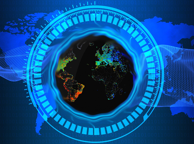 Image representing IPV4 addresses on a global map - superimposed as a round global image on a futuristic blue shade image 